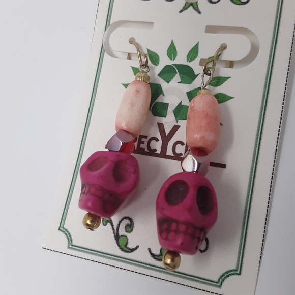 Handmade Pink Skull Earrings With Repurposed Beads - Picture 4 of 8